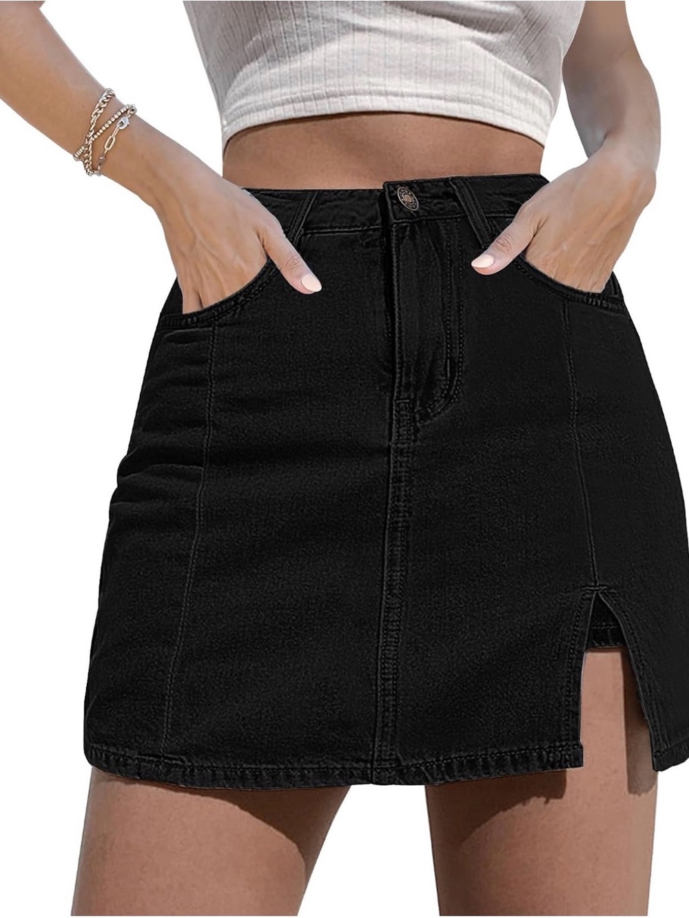 Black Mini Denim Skirt with Front Pocket and Side Slit